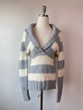 Gap Vintage Y2K Wool Alpaca Blend White Blue Striped Collared Sweater size S